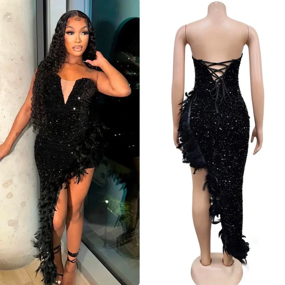 Women's Sequin Feather Dresses Evening Party Dress High Split Cocktail Dress - Picture 2 of 4